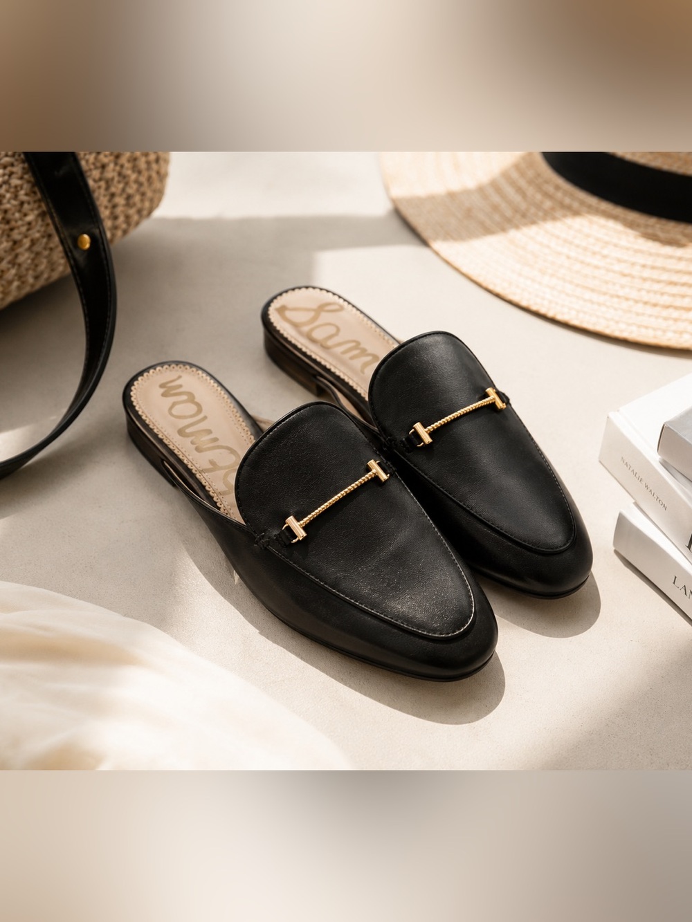 Sam Edelman Black Leather Horsebit Mule Loafers Gold Hardware Slip On Shoes Sz 5 - Picture 2 of 9